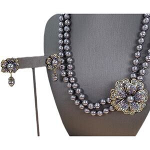 Heidi Daus "Passionate Posey" Beaded Crystal Earring & Necklace Floral Set -Grey
